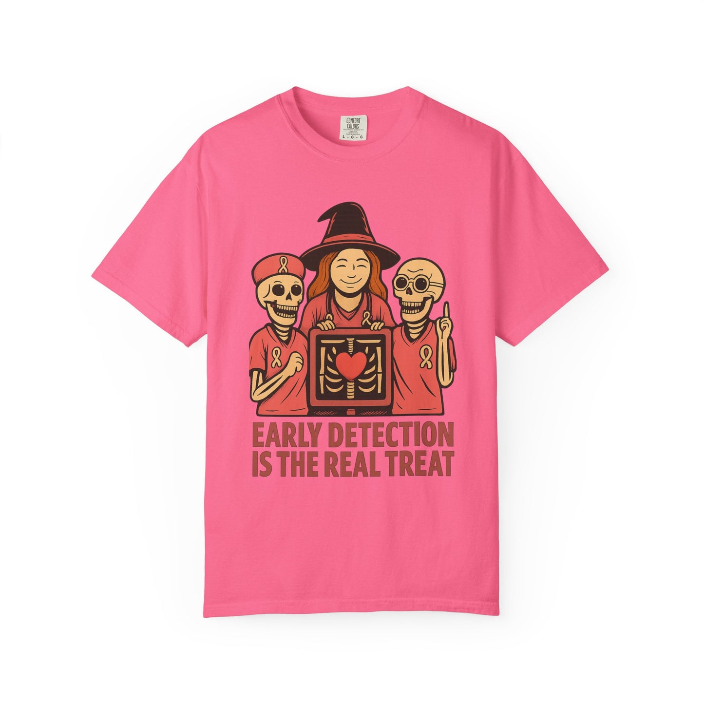 October Breast Cancer Awareness Shirt, Halloween T-Shirt, Skeletons, Witch, Pink Ribbon w/ Early Detection Message