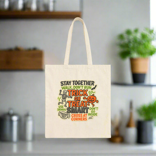 Halloween Trick or Treat Child Safety Cotton Canvas Tote Bag, Top Holiday Safety Tips for Parents and Children, Keep Kids Safe While Trick-or-Treating with This Visual Guide