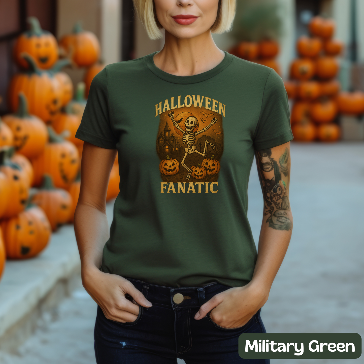 Halloween Fanatic T-Shirt, Skeleton Shirt, Spooky Dancing Tee w/ Pumpkins, Halloween Gift, Haunted House