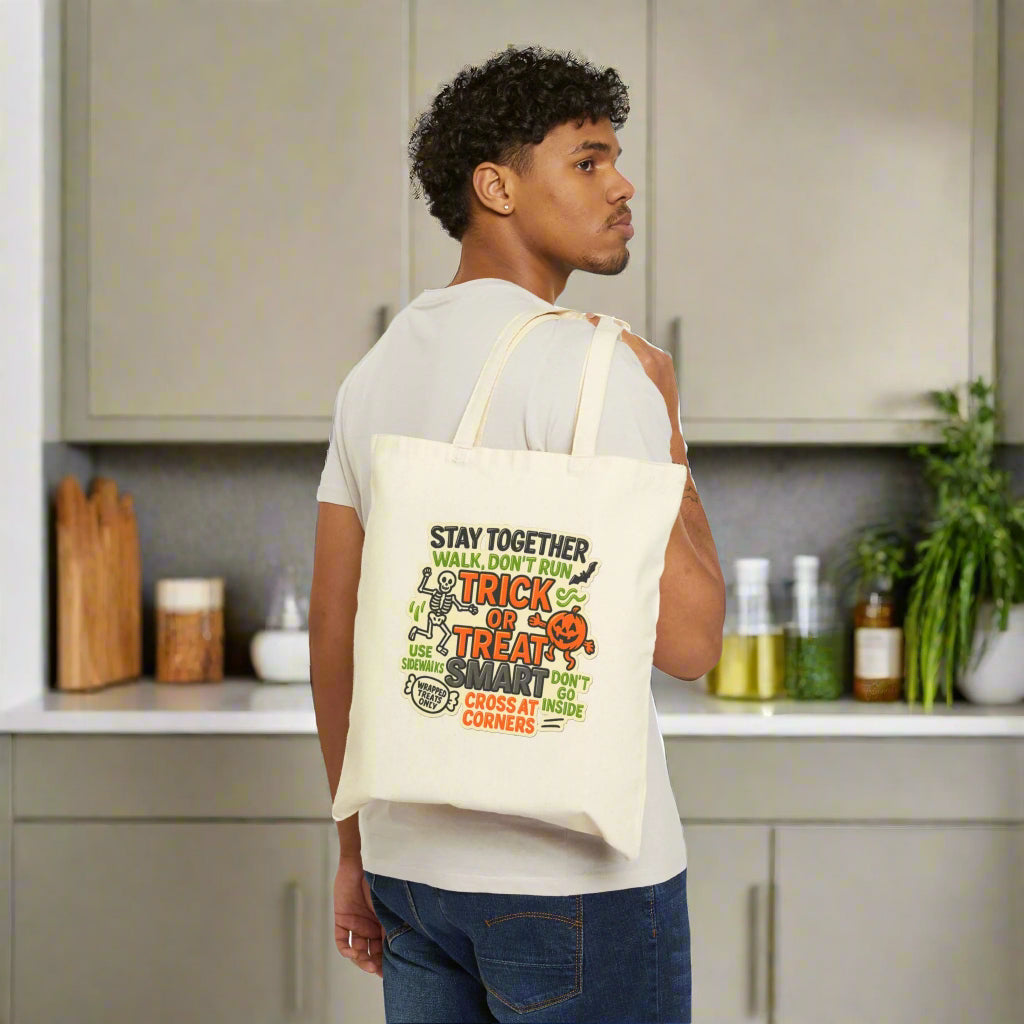 Halloween Trick or Treat Child Safety Cotton Canvas Tote Bag, Top Holiday Safety Tips for Parents and Children, Keep Kids Safe While Trick-or-Treating with This Visual Guide