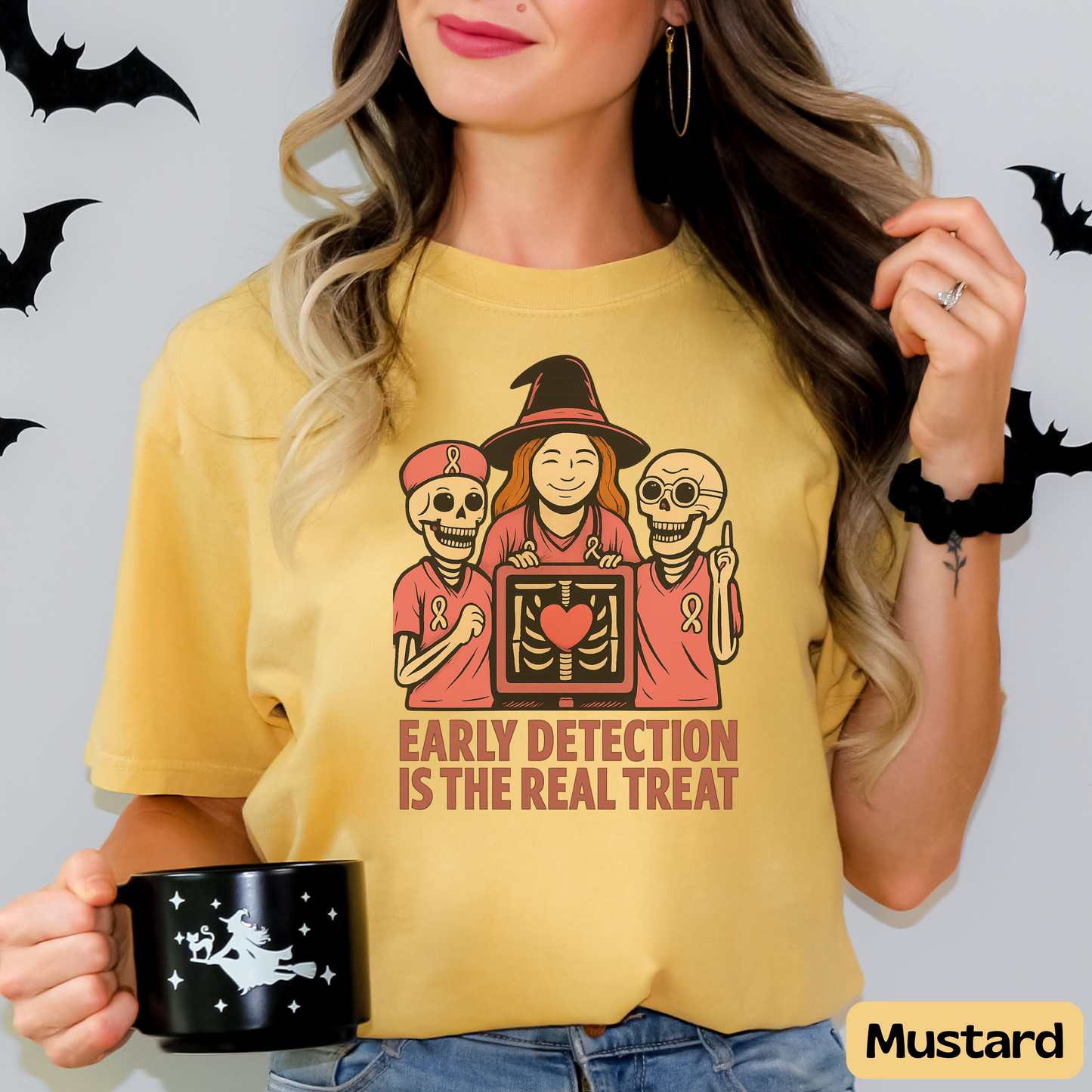 October Breast Cancer Awareness Shirt, Halloween T-Shirt, Skeletons, Witch, Pink Ribbon w/ Early Detection Message
