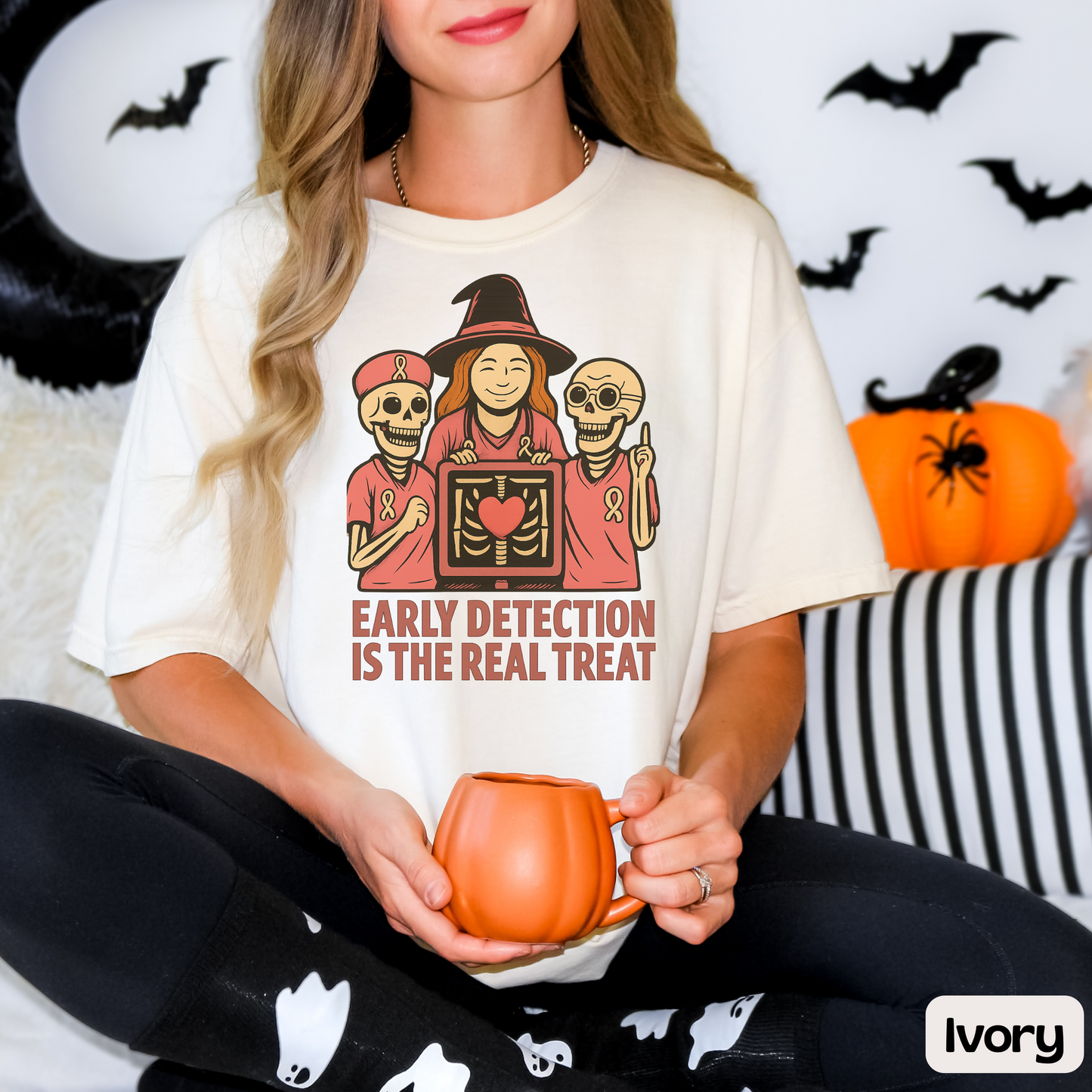 October Breast Cancer Awareness Shirt, Halloween T-Shirt, Skeletons, Witch, Pink Ribbon w/ Early Detection Message
