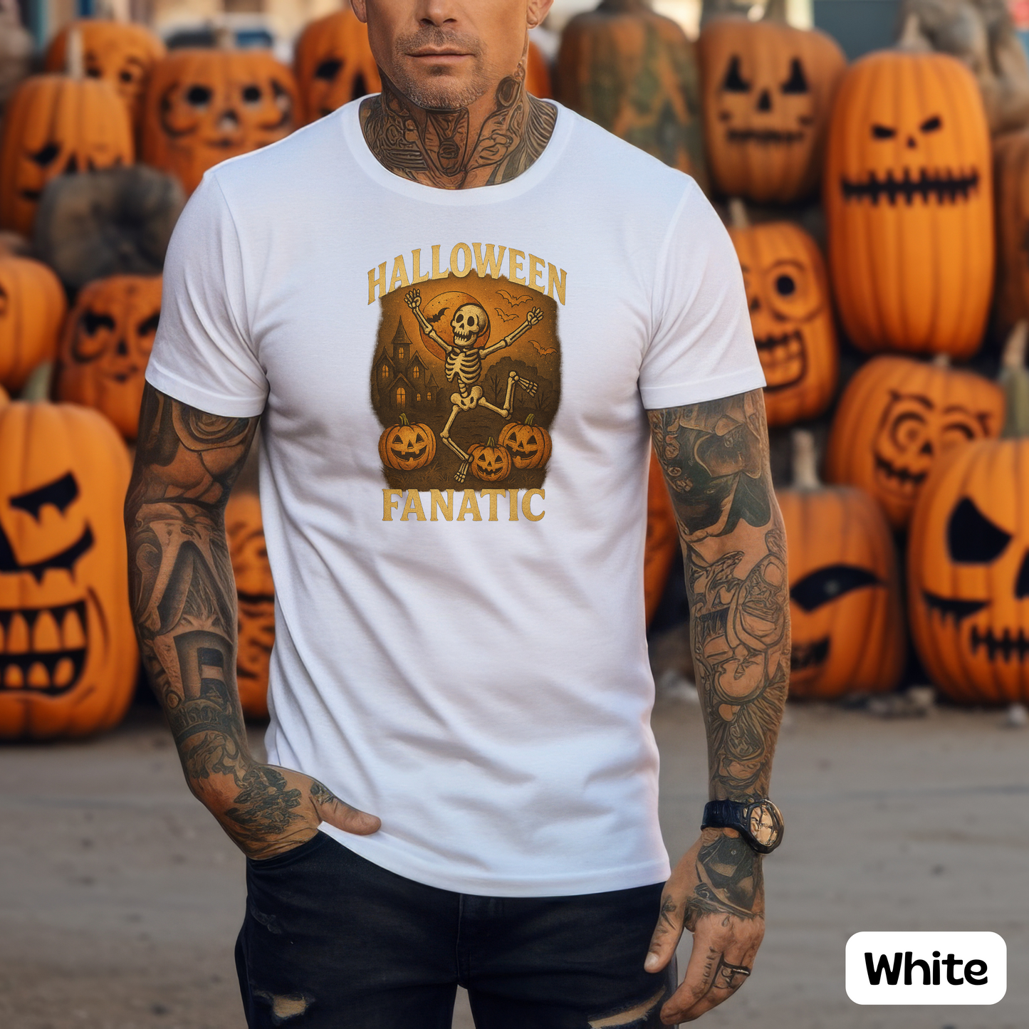 Halloween Fanatic T-Shirt, Skeleton Shirt, Spooky Dancing Tee w/ Pumpkins, Halloween Gift, Haunted House