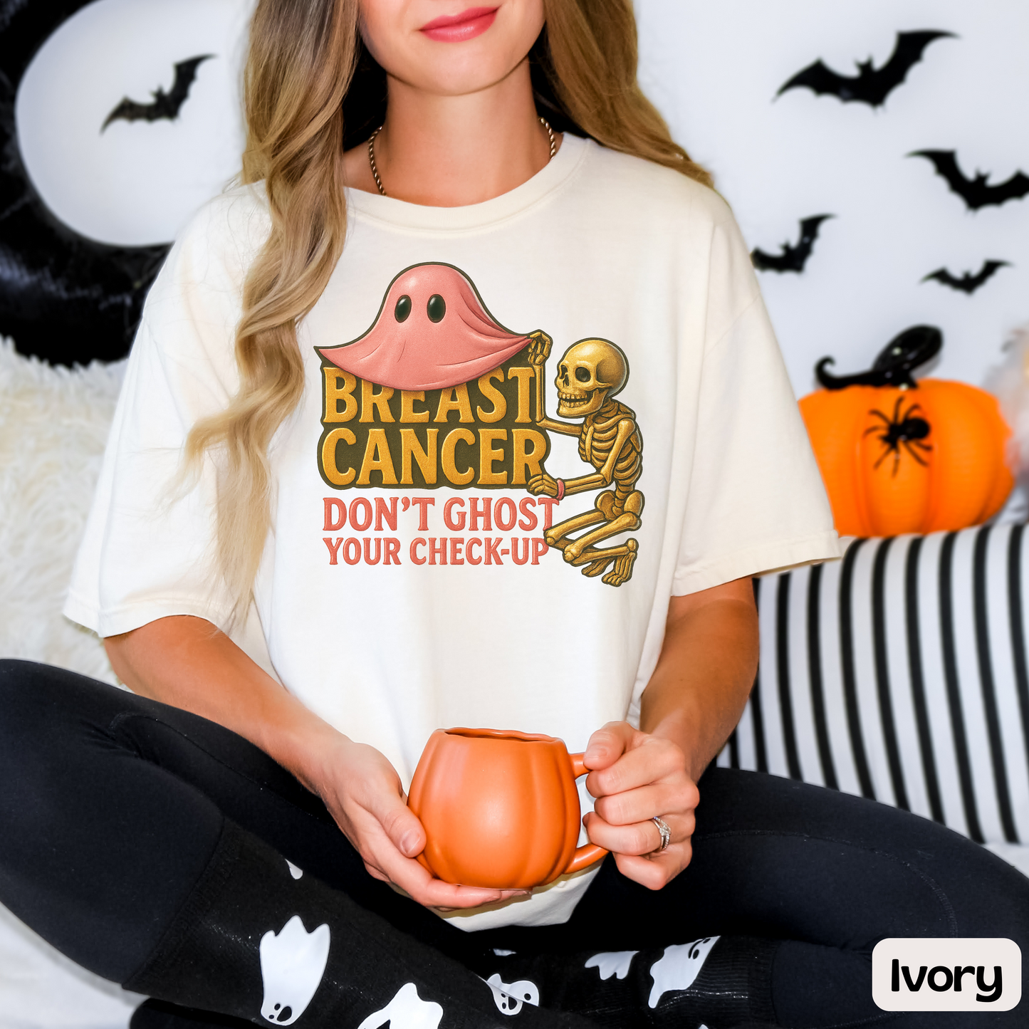 Breast Cancer Awareness Shirt, Spooky Ghost Check-Up Tee, Pink October Skeleton Design, Halloween Vibes, Cancer Support Shirt
