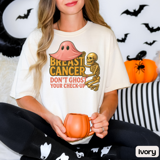 Breast Cancer Awareness Shirt, Spooky Ghost Check-Up Tee, Pink October Skeleton Design, Halloween Vibes, Cancer Support Shirt