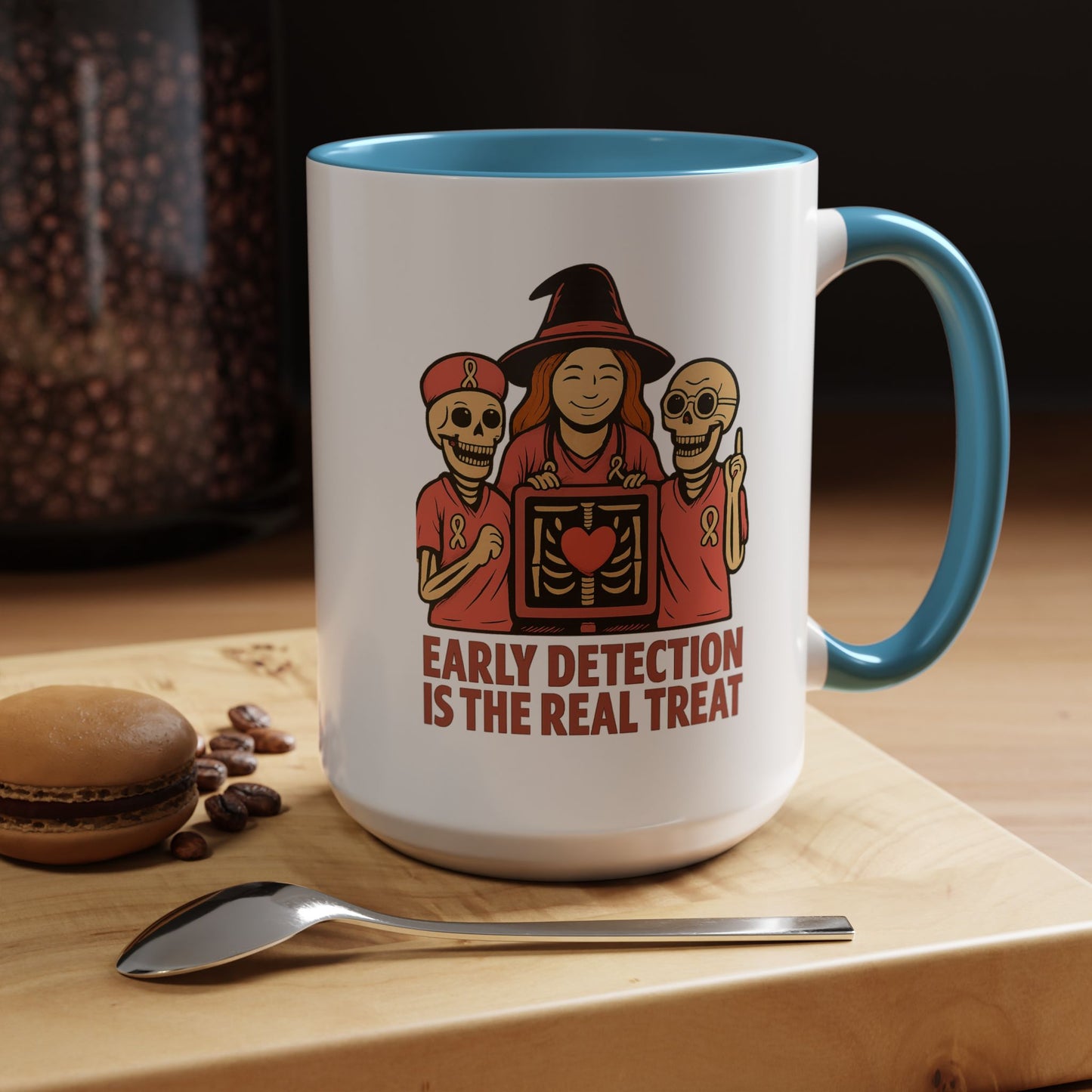 Breast Cancer Awareness Mug –Two Images One Mug-  Halloween Accent Coffee Cup – Early Detection & Don’t Ghost Your Check-Up Pink Ribbon Gift