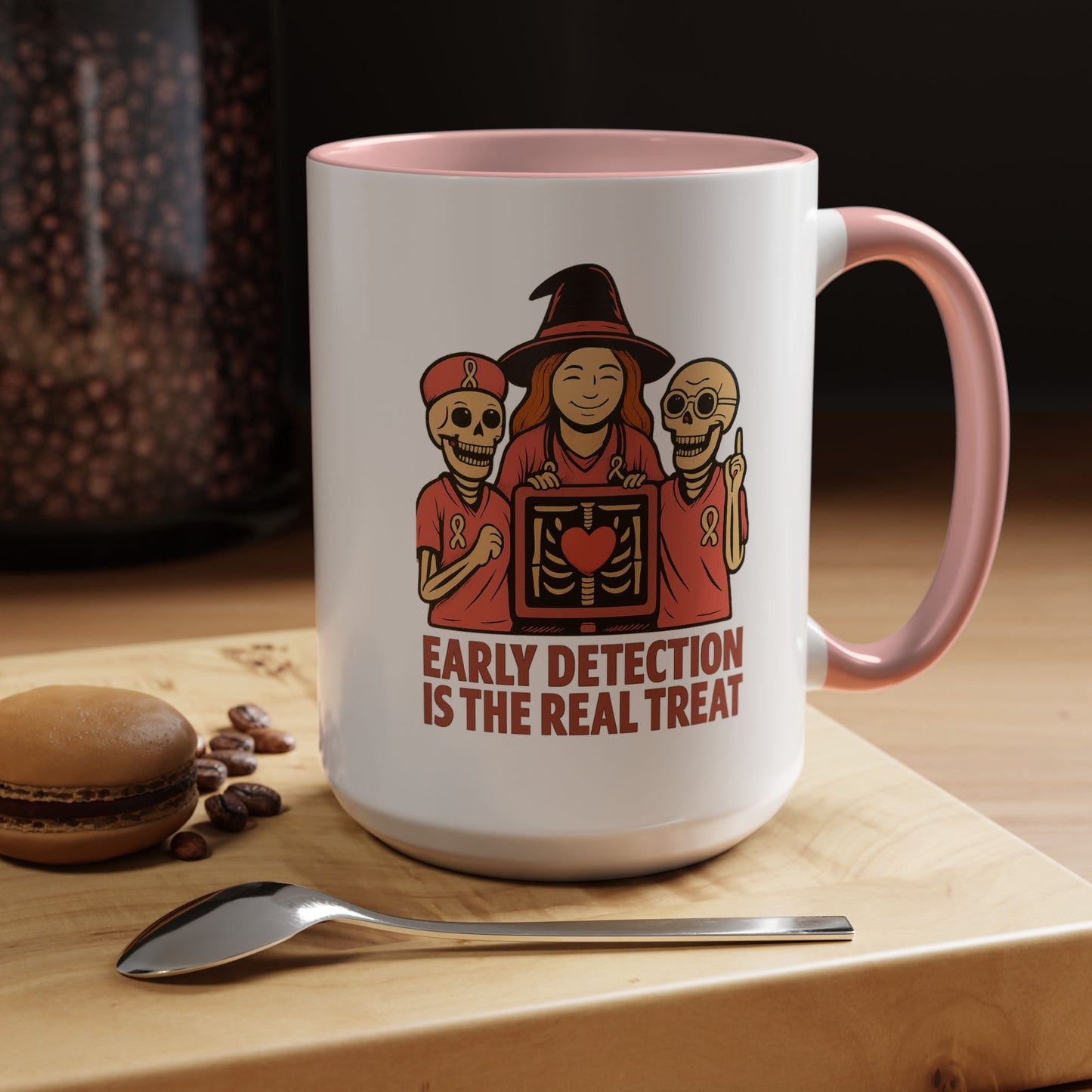 Breast Cancer Awareness Mug –Two Images One Mug-  Halloween Accent Coffee Cup – Early Detection & Don’t Ghost Your Check-Up Pink Ribbon Gift