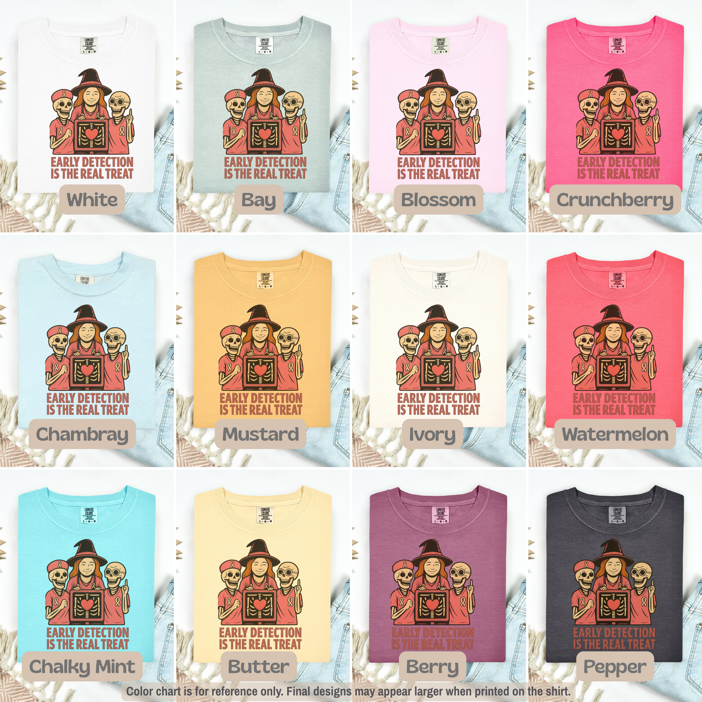 October Breast Cancer Awareness Shirt, Halloween T-Shirt, Skeletons, Witch, Pink Ribbon w/ Early Detection Message