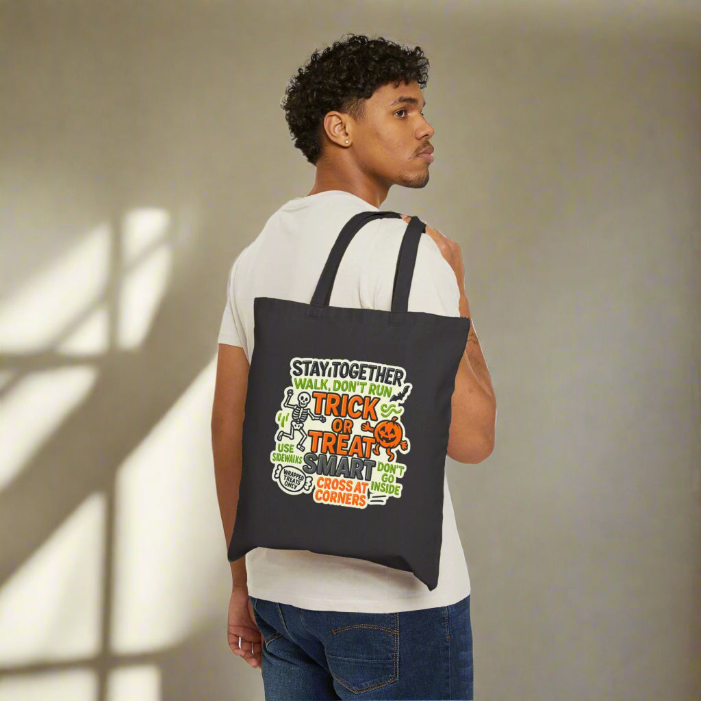 Halloween Trick or Treat Child Safety Cotton Canvas Tote Bag, Top Holiday Safety Tips for Parents and Children, Keep Kids Safe While Trick-or-Treating with This Visual Guide
