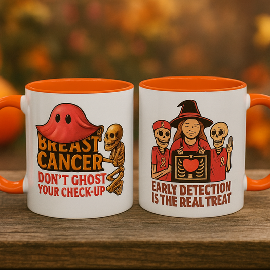 Breast Cancer Awareness Mug βTwo Images One Mug-  Halloween Accent Coffee Cup β Early Detection & Donβt Ghost Your Check-Up Pink Ribbon Gift
