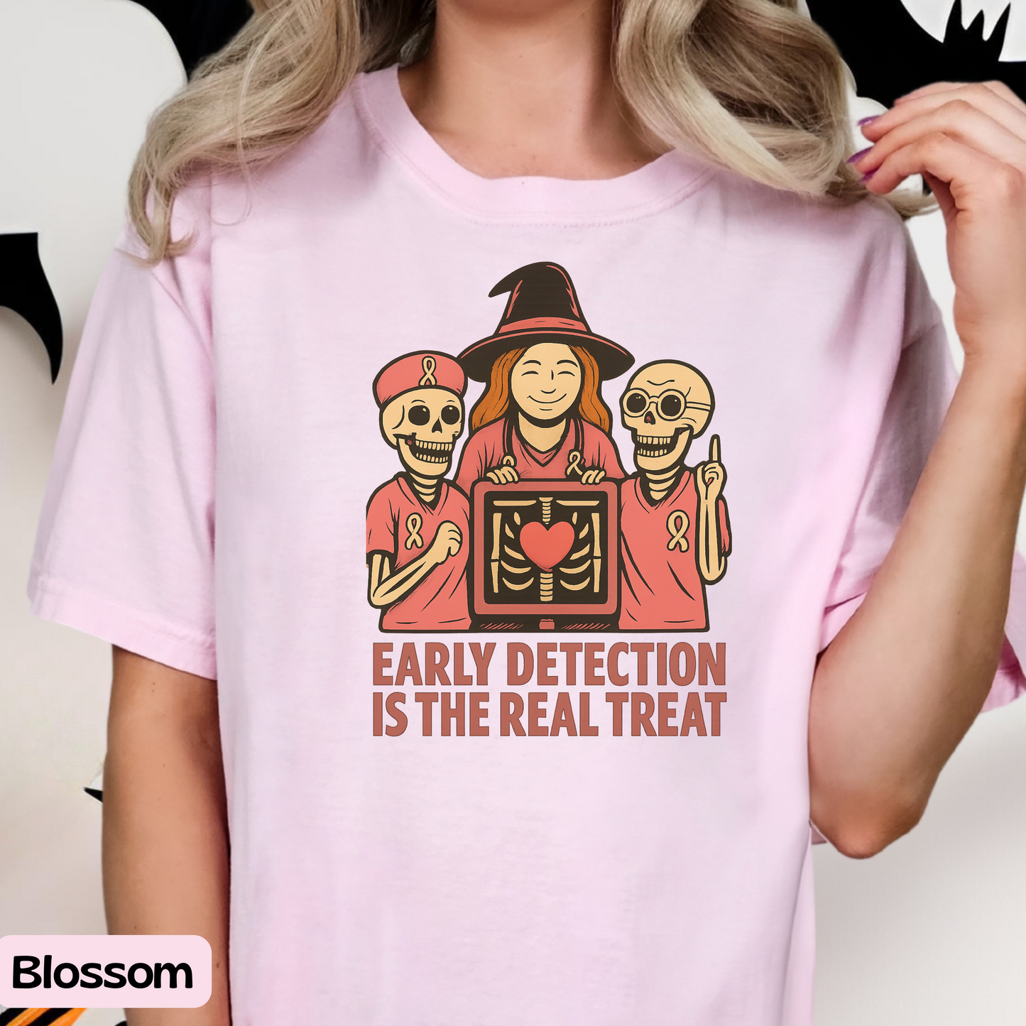 October Breast Cancer Awareness Shirt, Halloween T-Shirt, Skeletons, Witch, Pink Ribbon w/ Early Detection Message