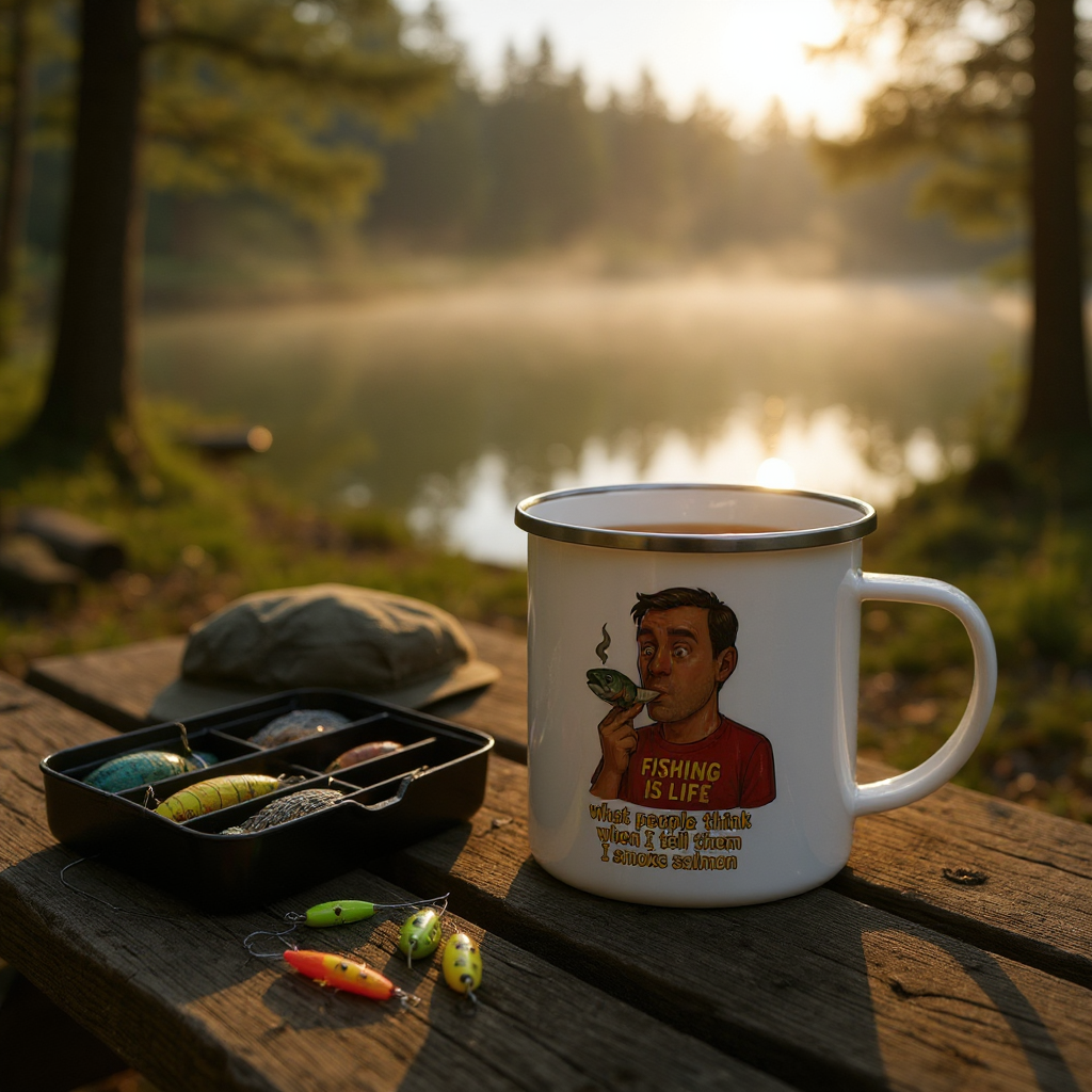 Funny Fishing Enamel Mug | Unique Camping Cup | Perfect Gift for Anglers, Fishermen, Dad, Outdoors, Birthday Alaska Meme Series