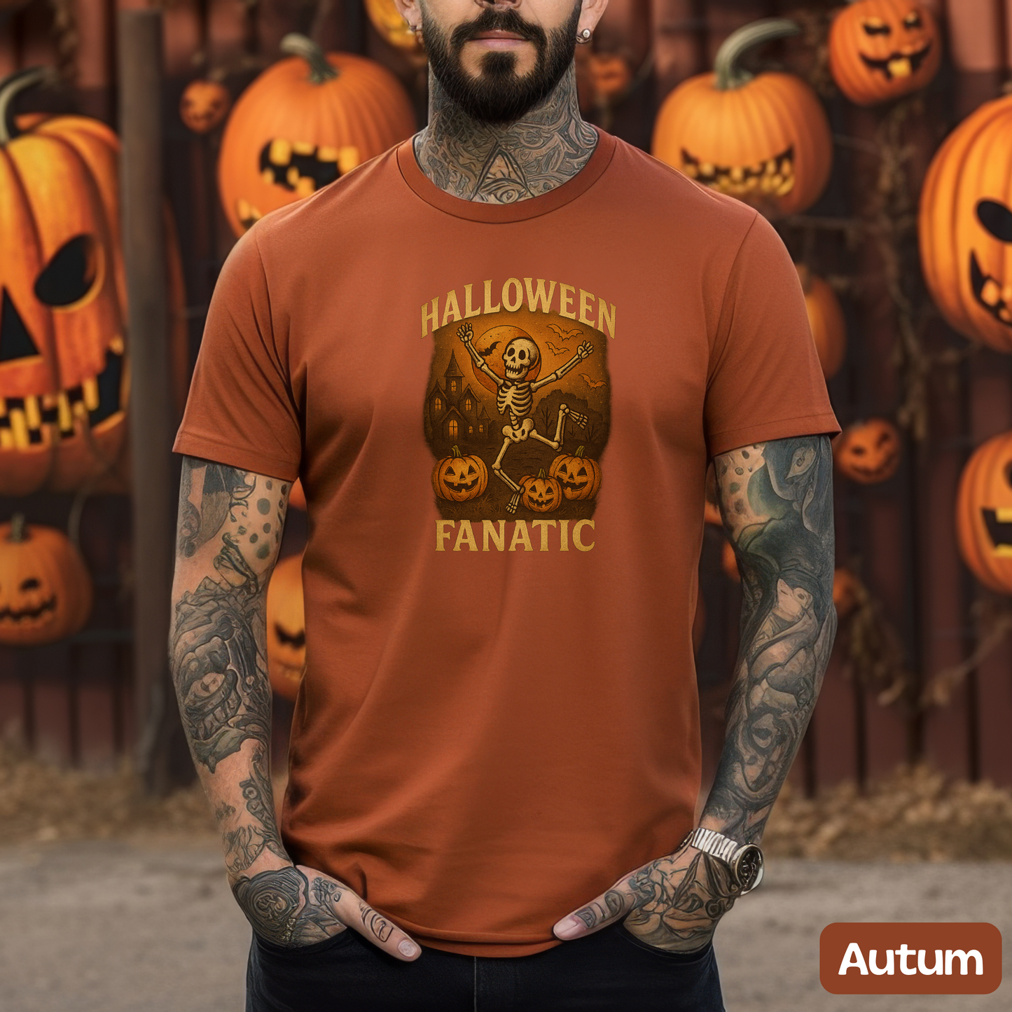 Halloween Fanatic T-Shirt, Skeleton Shirt, Spooky Dancing Tee w/ Pumpkins, Halloween Gift, Haunted House