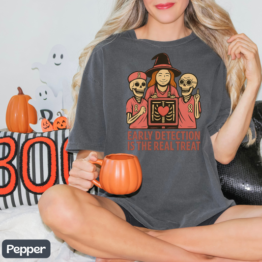 October Breast Cancer Awareness Shirt, Halloween T-Shirt, Skeletons, Witch, Pink Ribbon w/ Early Detection Message