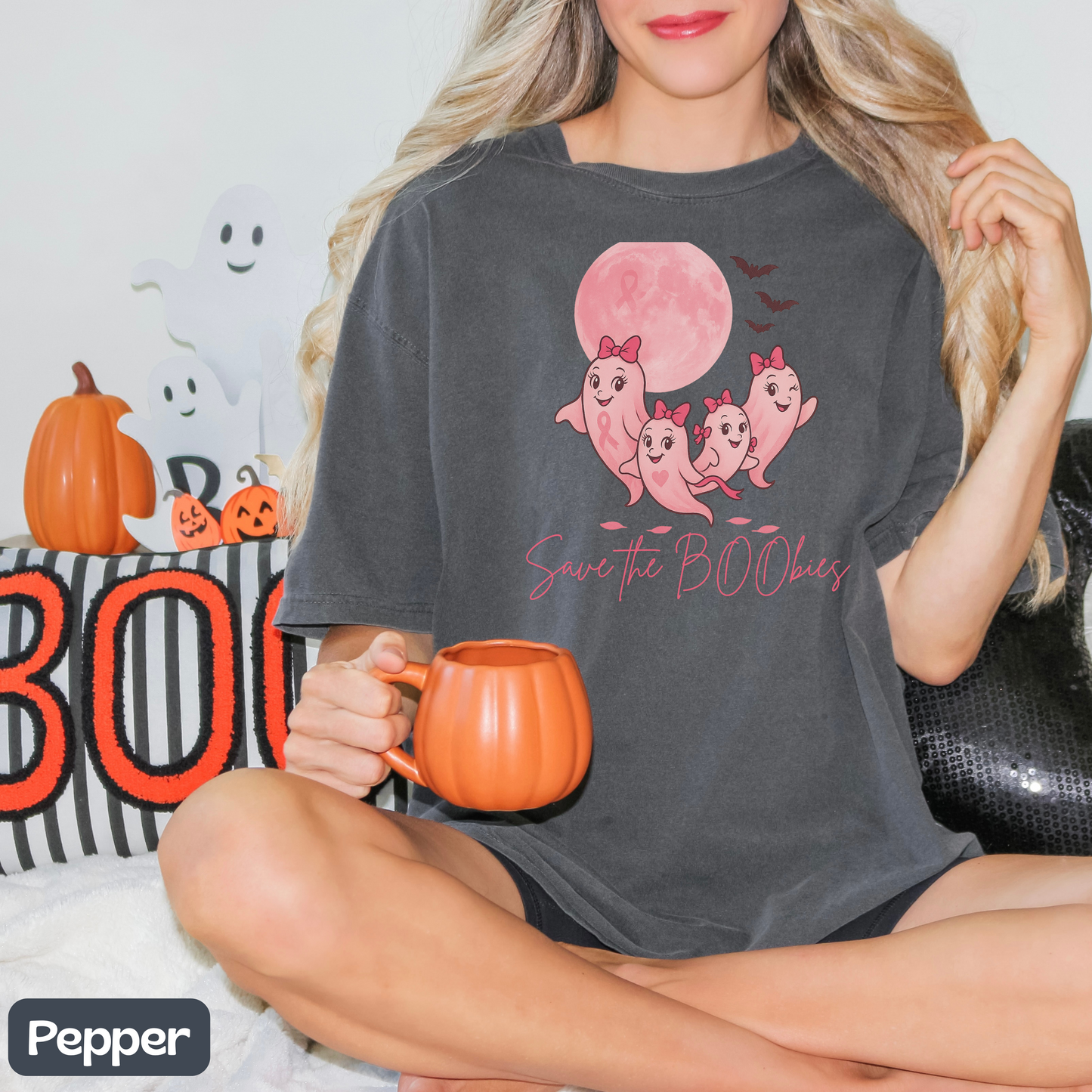 Save the BOObies Ghost Tee for Halloween, Funny Breast Cancer Awareness Shirt, Pink Ribbon, Halloween Vibes, Cancer Support Shirt