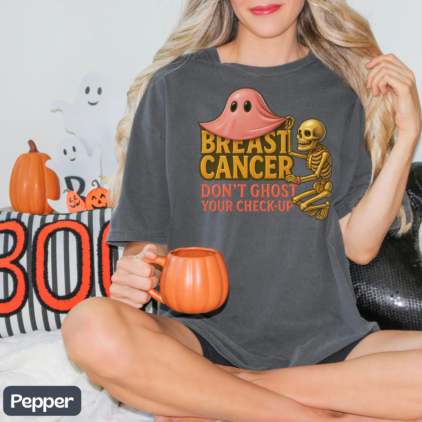 Breast Cancer Awareness Shirt, Spooky Ghost Check-Up Tee, Pink October Skeleton Design, Halloween Vibes, Cancer Support Shirt