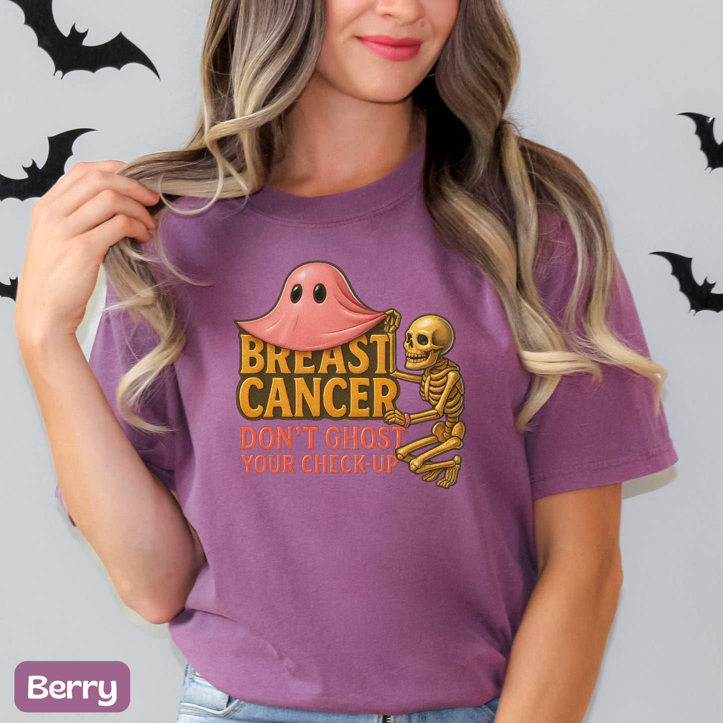 Breast Cancer Awareness Shirt, Spooky Ghost Check-Up Tee, Pink October Skeleton Design, Halloween Vibes, Cancer Support Shirt
