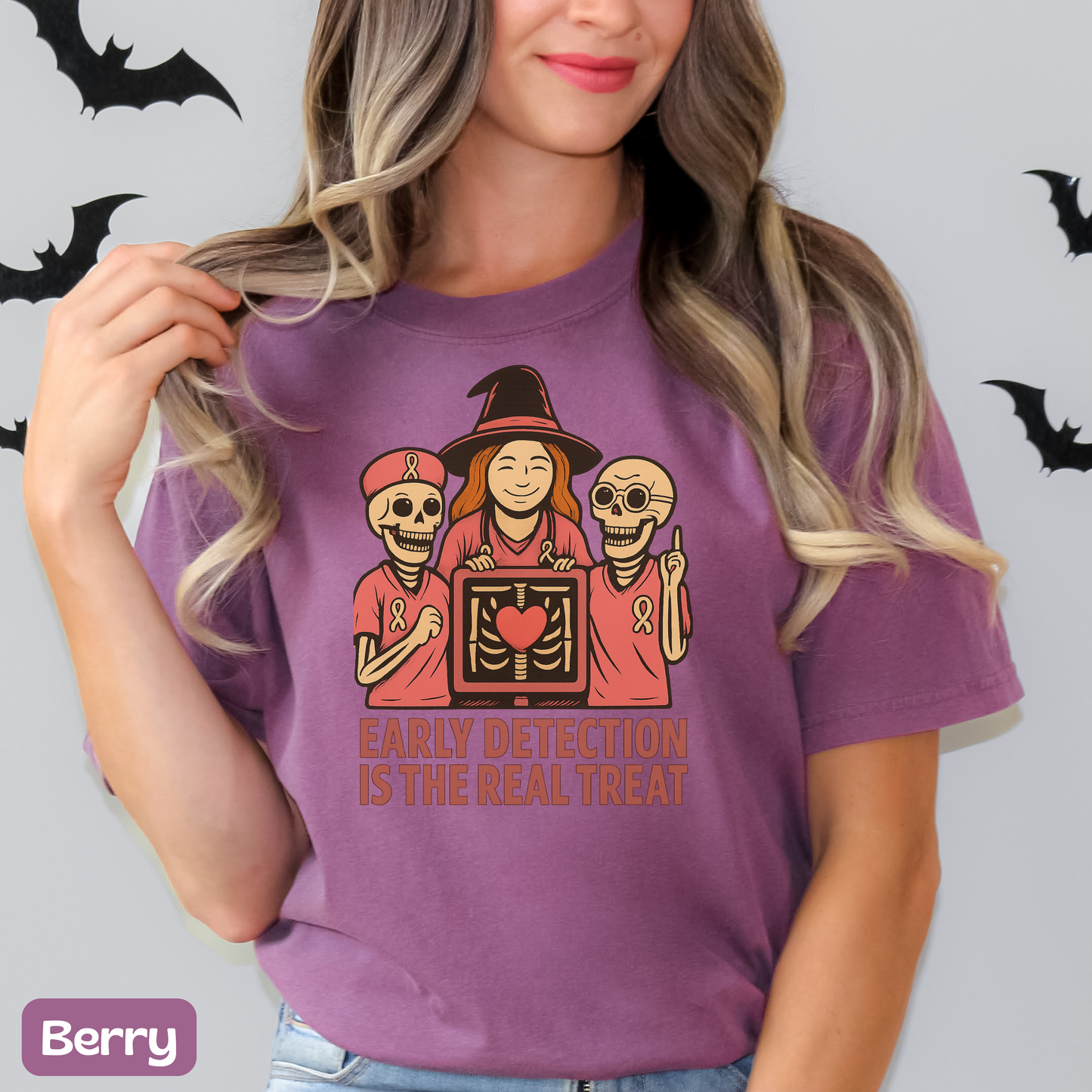 October Breast Cancer Awareness Shirt, Halloween T-Shirt, Skeletons, Witch, Pink Ribbon w/ Early Detection Message