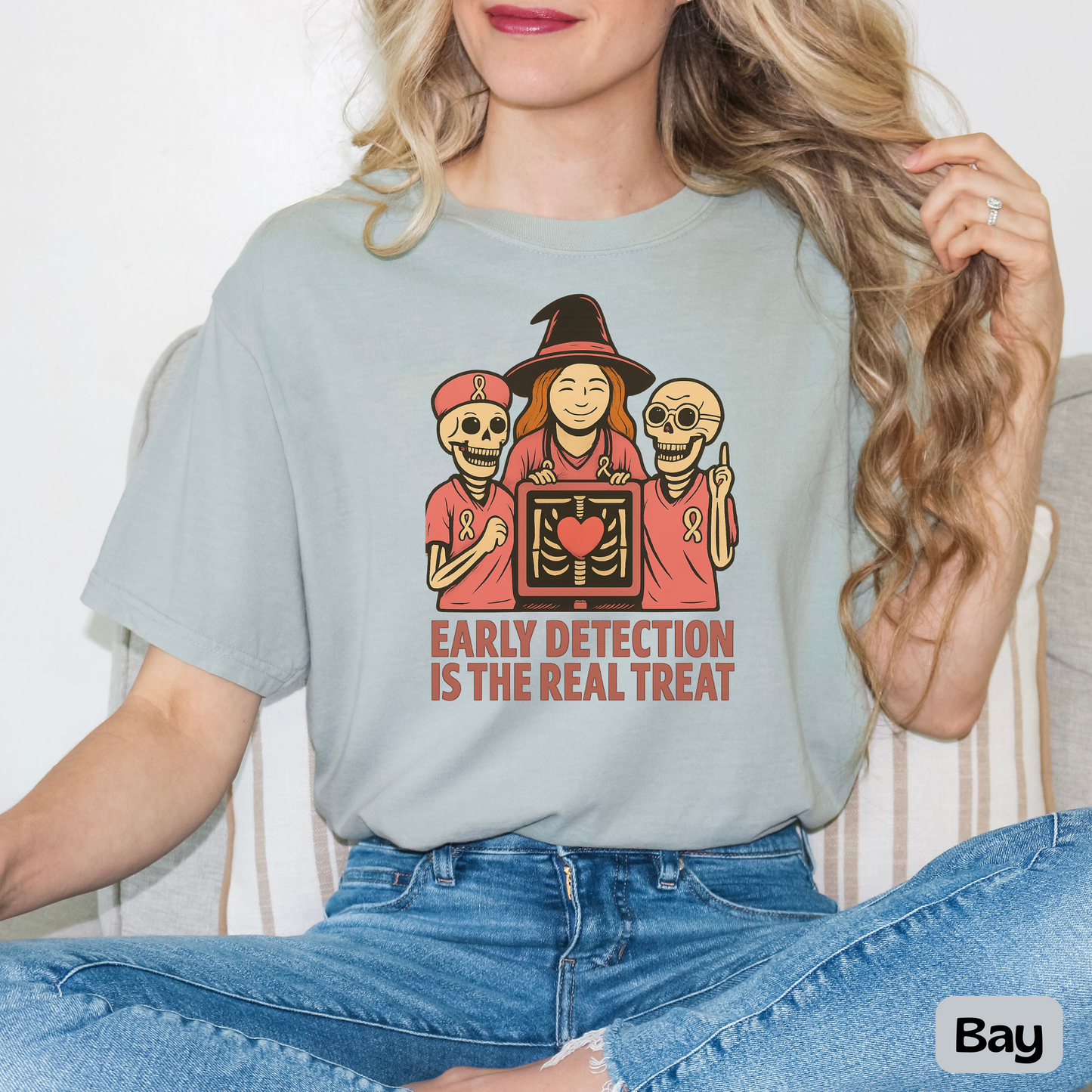 October Breast Cancer Awareness Shirt, Halloween T-Shirt, Skeletons, Witch, Pink Ribbon w/ Early Detection Message