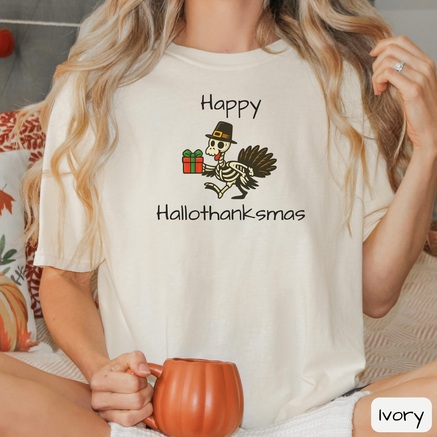 Happy Hallothanksmas Shirt: Funny Holiday Mashup Tee, Halloween, Thanksgiving, Christmas, Trending Tee