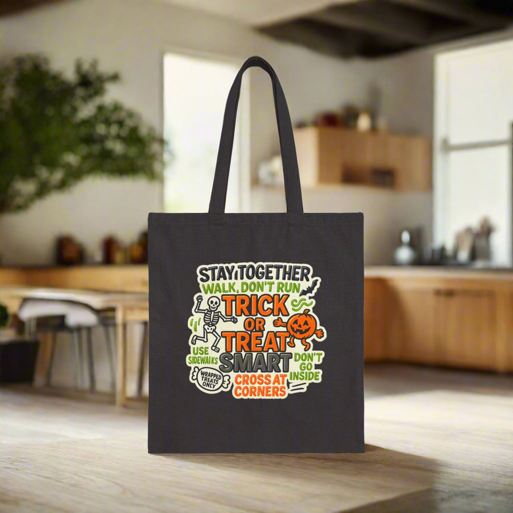 Halloween Trick or Treat Child Safety Cotton Canvas Tote Bag, Top Holiday Safety Tips for Parents and Children, Keep Kids Safe While Trick-or-Treating with This Visual Guide