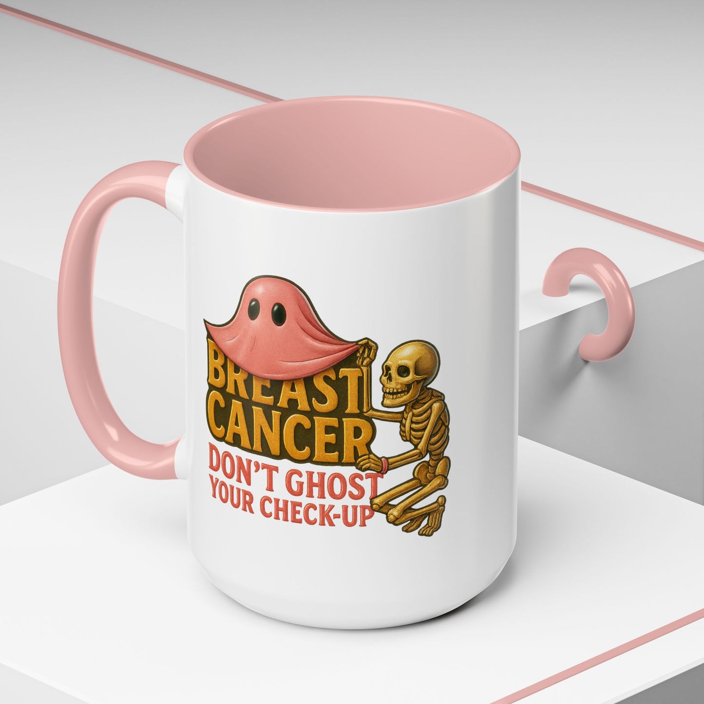 Breast Cancer Awareness Mug –Two Images One Mug-  Halloween Accent Coffee Cup – Early Detection & Don’t Ghost Your Check-Up Pink Ribbon Gift