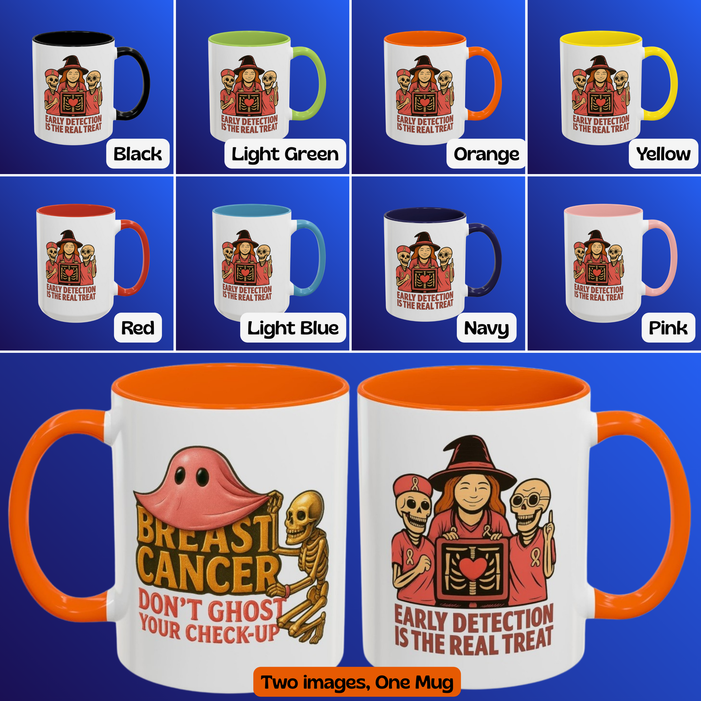 Breast Cancer Awareness Mug –Two Images One Mug-  Halloween Accent Coffee Cup – Early Detection & Don’t Ghost Your Check-Up Pink Ribbon Gift