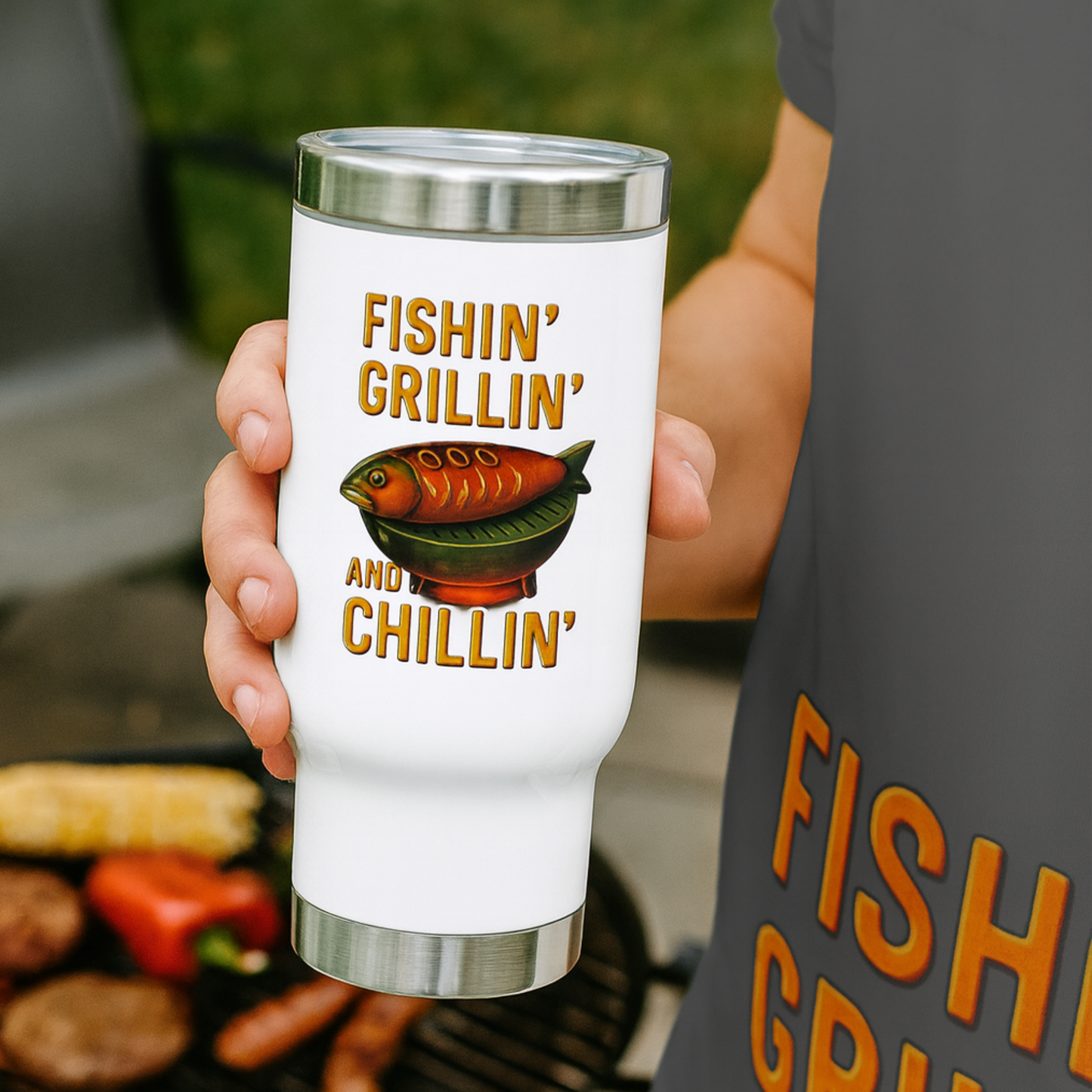 Fishing-Themed Travel Mug – Fishin' Grillin' and Chillin', Insulated Coffee Cup, Outdoor Adventure Gift, Camping Mug, Fisherman Travel Fishing is Life
