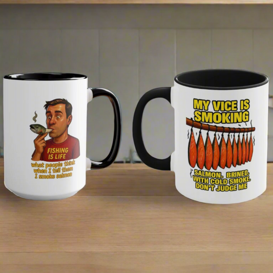 Dual Image Smoky Vice Accent Mugs, Fun Coffee Cup, Gift for Smokers, Kitchen Decor, Fishing Enthusiasts Mug, Quirky Drinkware, Meme Series