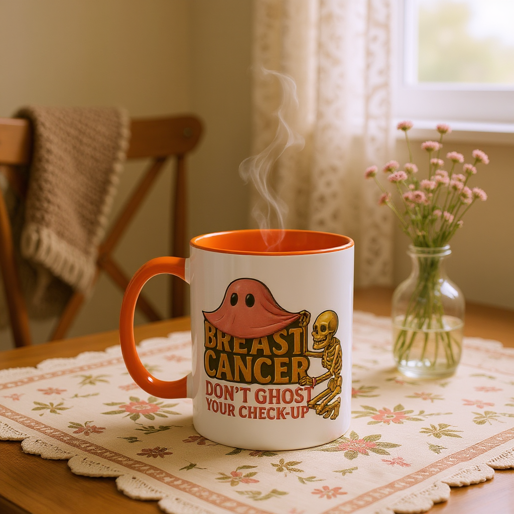 Breast Cancer Awareness Mug –Two Images One Mug-  Halloween Accent Coffee Cup – Early Detection & Don’t Ghost Your Check-Up Pink Ribbon Gift