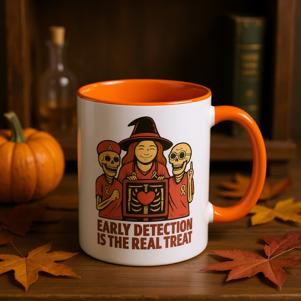 Breast Cancer Awareness Mug –Two Images One Mug-  Halloween Accent Coffee Cup – Early Detection & Don’t Ghost Your Check-Up Pink Ribbon Gift